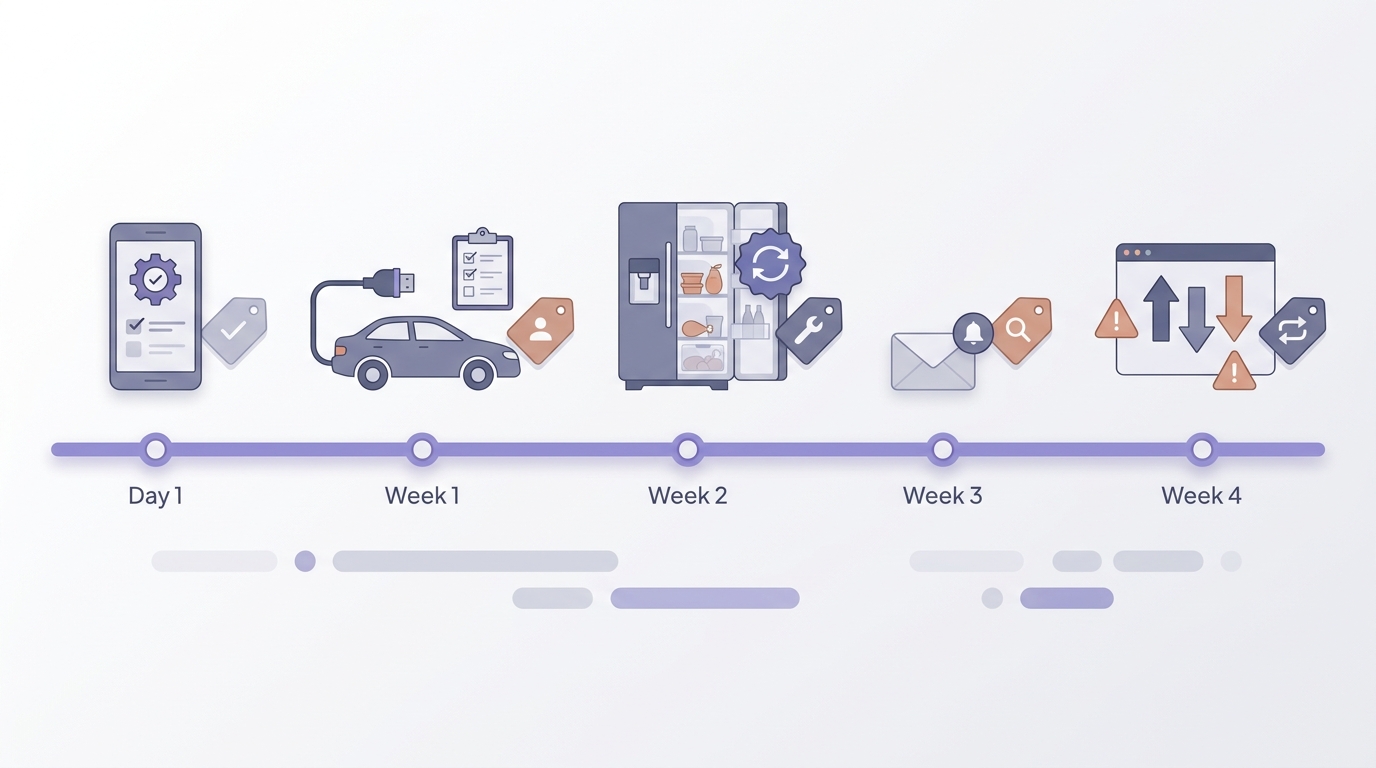 Timeline of a 30-day IoT app rollout from device validation to onboarding fixes and retention review. Timeline of a 30-day IoT app rollout from device validation to onboarding fixes and retention review.