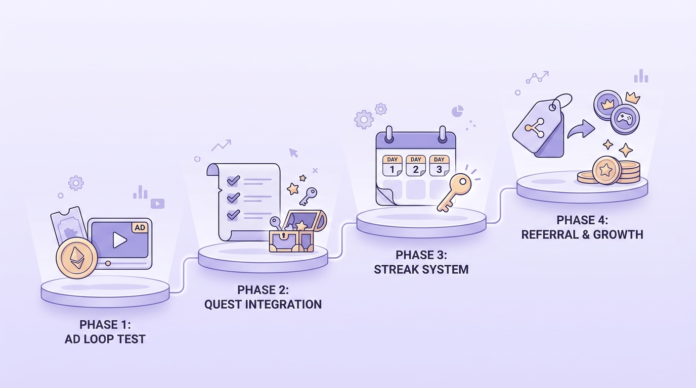 Timeline of reward model rollout for an indie mobile game, from ads to quests to streaks and referrals.