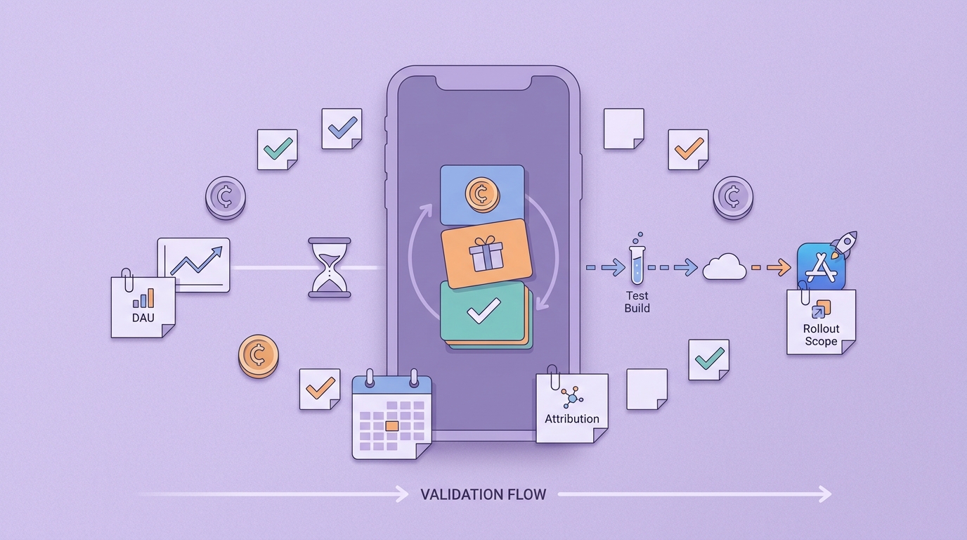Checklist for validating a reward model before launch in a mobile game, including economics, metrics, and test rollout.