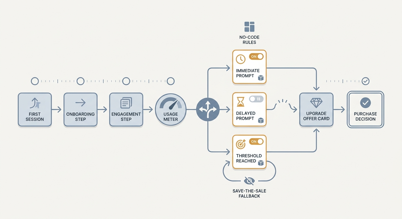 Diagram of how no-code rules control when an upsell appears after onboarding, usage limits, or repeated actions in a mobile app.