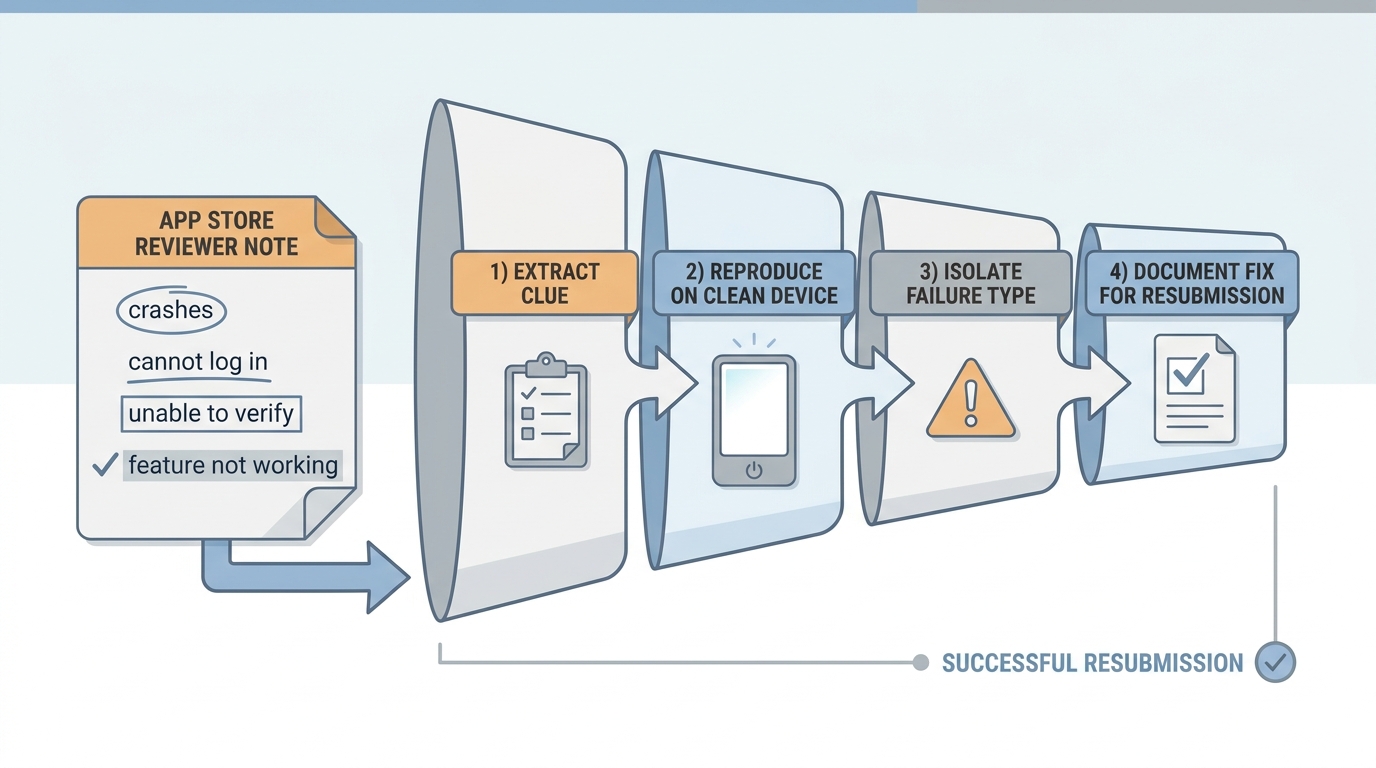 Process diagram showing how to diagnose the real cause of an App Store Guideline 2.1 rejection from Apple’s reviewer note.
