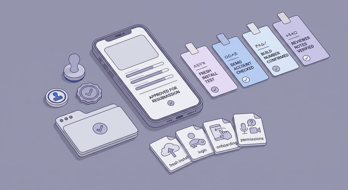 Checklist for resubmitting after an App Store Guideline 2.1 rejection, including clean-device testing and reviewer note verification.