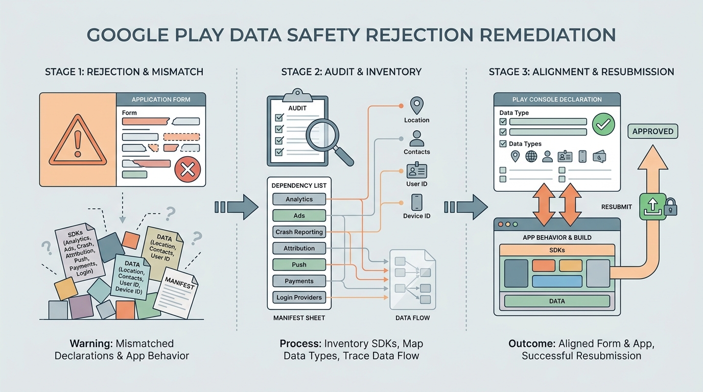 Workflow diagram for fixing a Google Play Data Safety rejection by matching SDK behavior to the Play Console form.