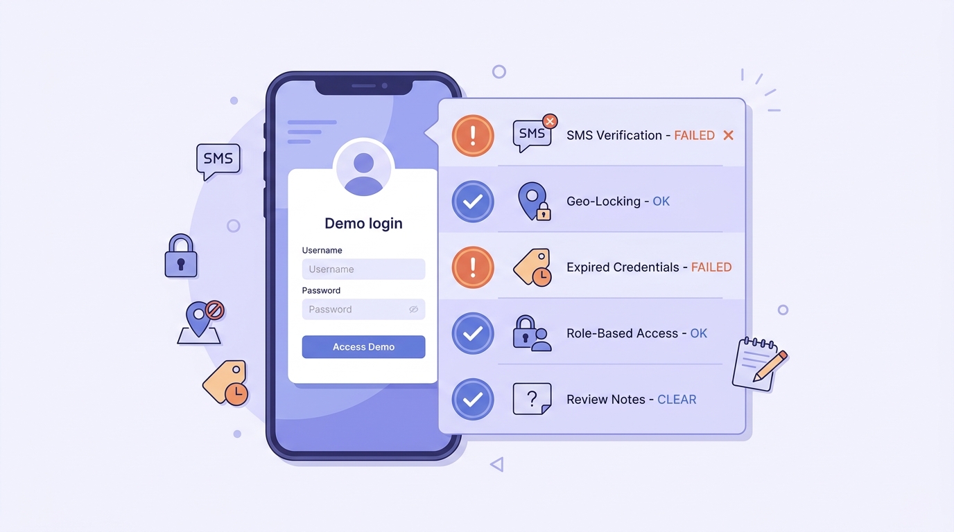 Checklist of common reasons a demo account rejection repeats, including SMS verification, geo-locking, expired credentials, and vague review notes.