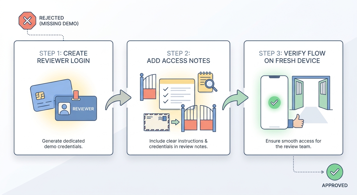 Process diagram showing the fix sequence for a missing demo account rejection: create login, document access, test on a clean device, then resubmit.