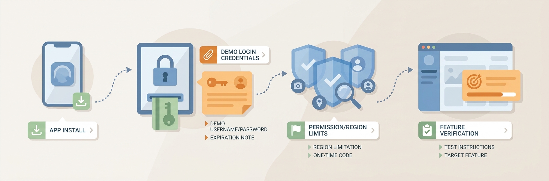 Process diagram showing install, login with demo credentials, and steps to reach the feature a reviewer must test. Process diagram showing install, login with demo credentials, and steps to reach the feature a reviewer must test.