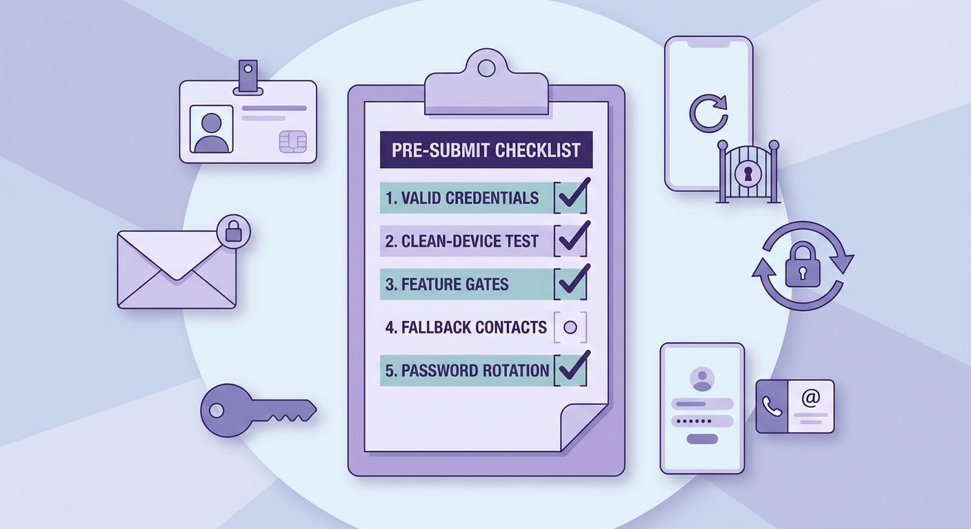 Checklist of final submission readiness items for app review notes, demo credentials, and clean-device testing. Checklist of final submission readiness items for app review notes, demo credentials, and clean-device testing.