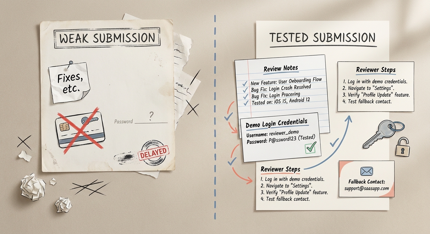 Comparison of a weak app review submission note versus a tested note with demo login credentials and clear reviewer steps. Comparison of a weak app review submission note versus a tested note with demo login credentials and clear reviewer steps.
