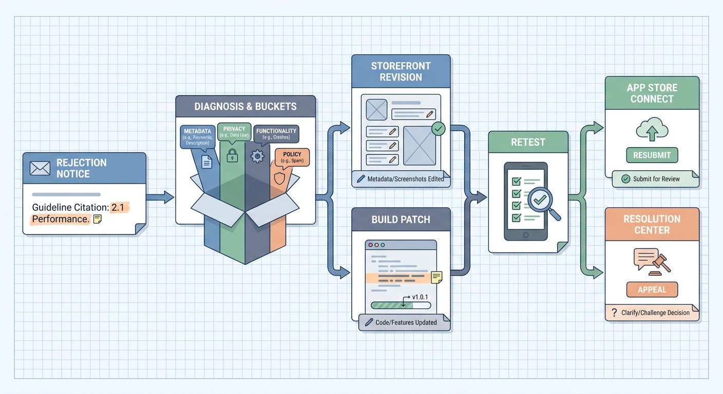A flow diagram for moving from Apple rejection notice to diagnosis, fix, retest, and resubmission.