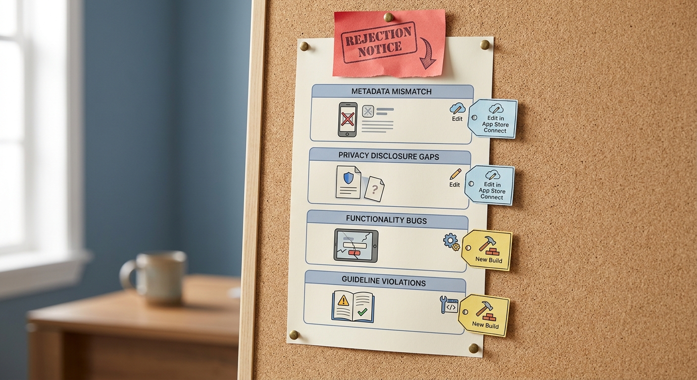 A concise rejection breakdown with common Apple App Store issue categories and the typical fix path for each.