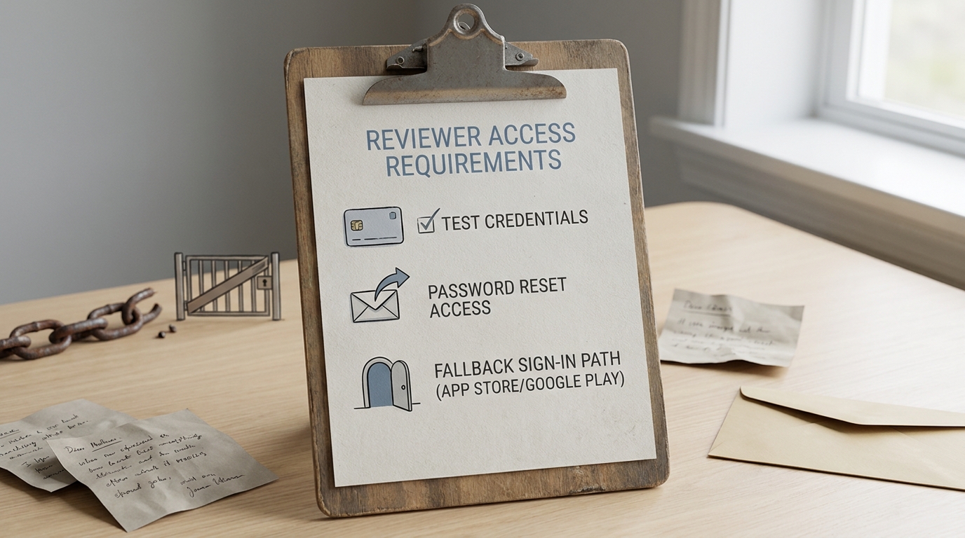 Callout listing reviewer login requirements such as test credentials, password reset, and fallback access for app review.