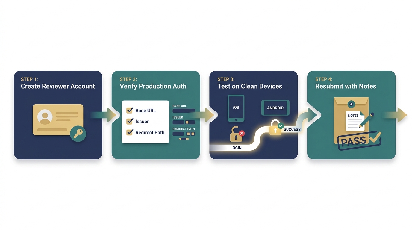 Workflow diagram for fixing app review login by creating reviewer access, testing clean-device sign-in, and documenting the path before resubmission.