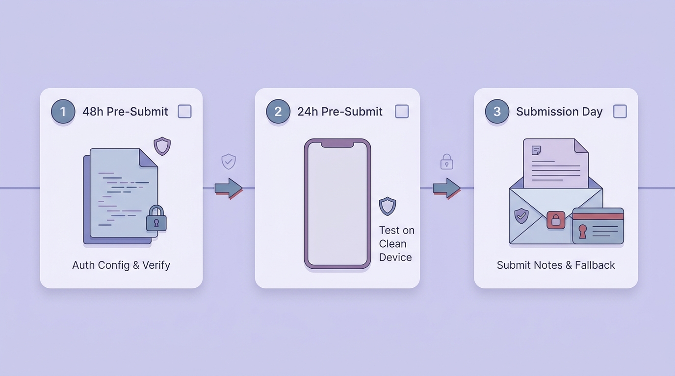 Timeline of pre-review login readiness steps from environment verification to clean-device testing and submission notes.