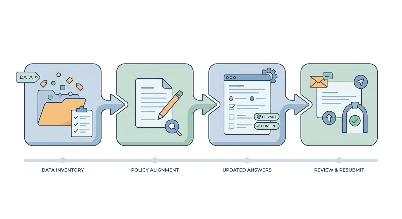 Workflow for fixing App Store Guideline 5.1.1 privacy rejection from audit to resubmission.