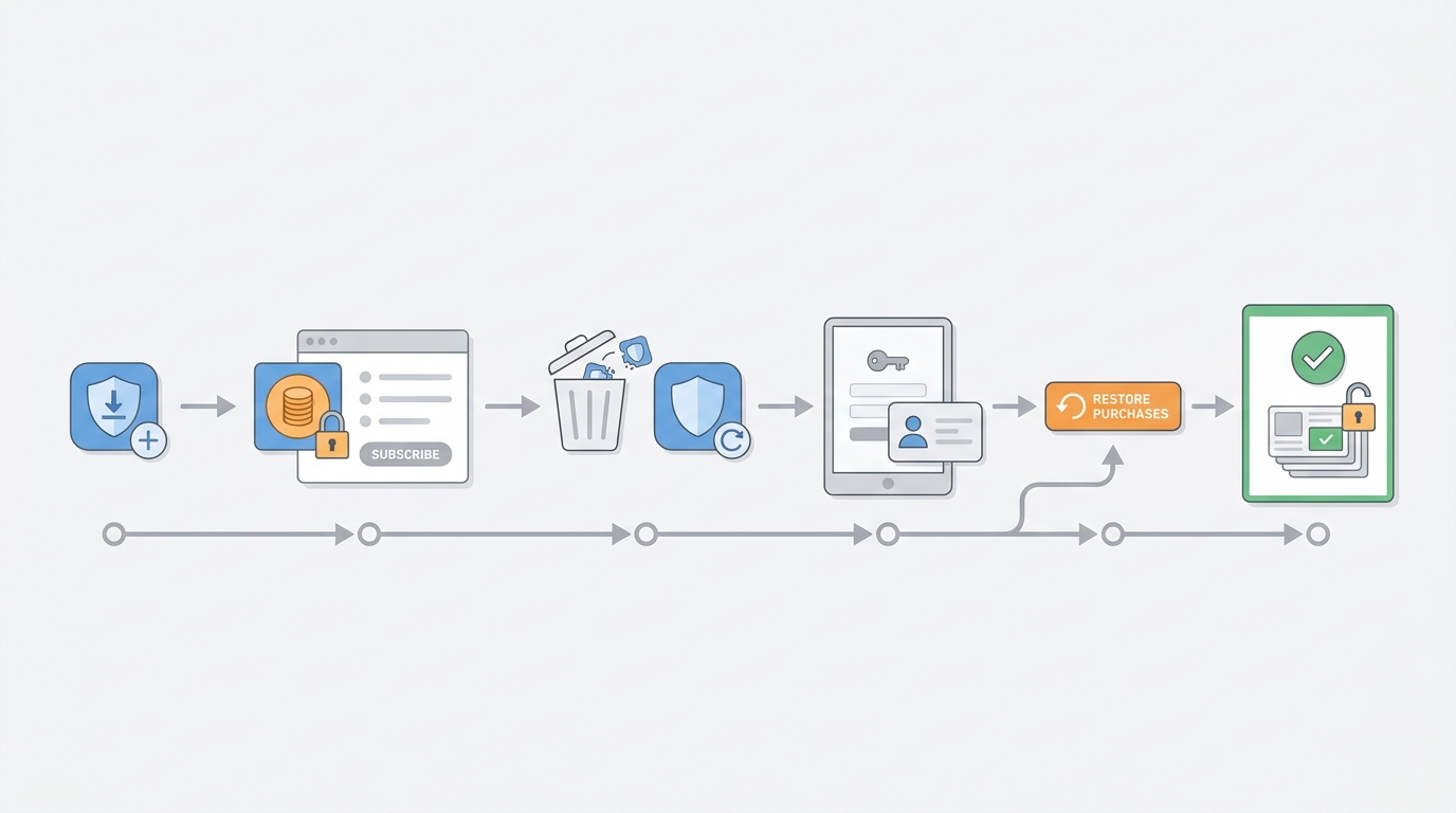 Workflow diagram for testing restore purchases after reinstalling the app and signing in on another device. Workflow diagram for testing restore purchases after reinstalling the app and signing in on another device.