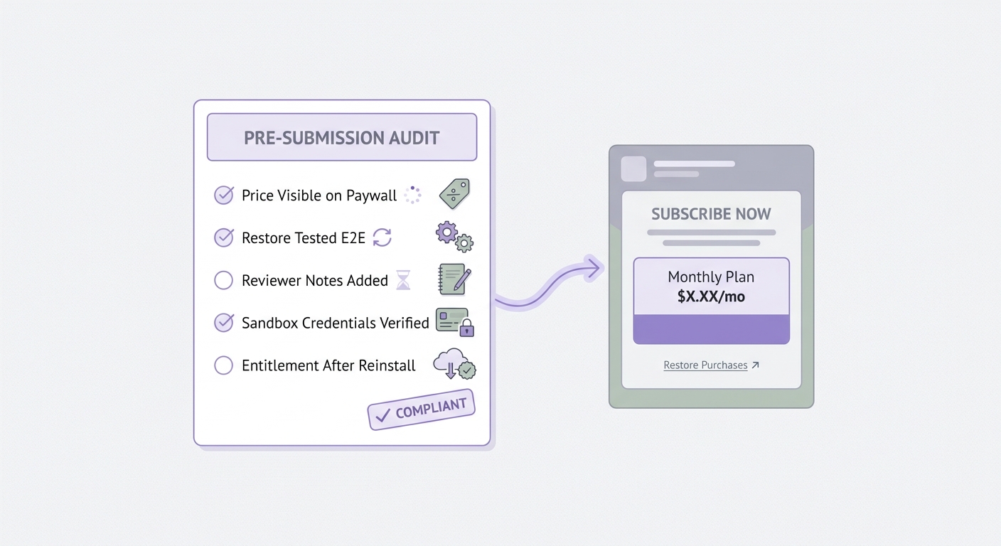 Checklist for resubmitting a subscription app with verified paywall pricing, restore purchases, reviewer notes, and sandbox testing. Checklist for resubmitting a subscription app with verified paywall pricing, restore purchases, reviewer notes, and sandbox testing.
