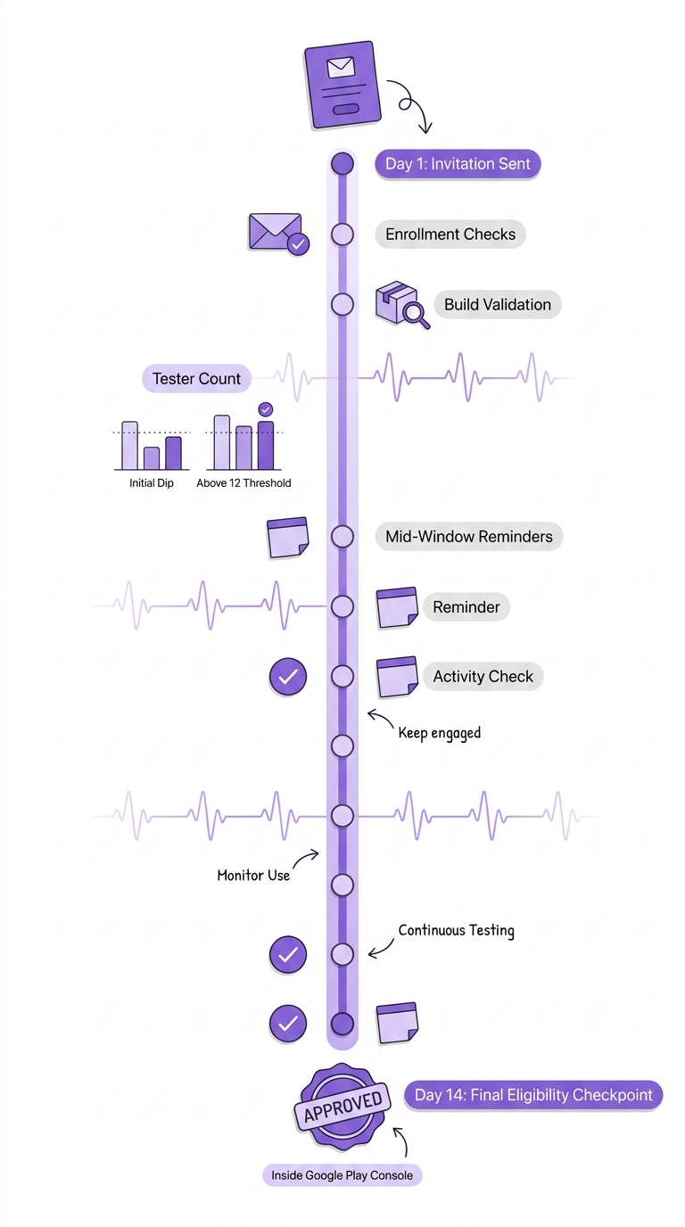 A 14-day timeline for Google Play tester enrollment, build validation, reminders, and eligibility check.