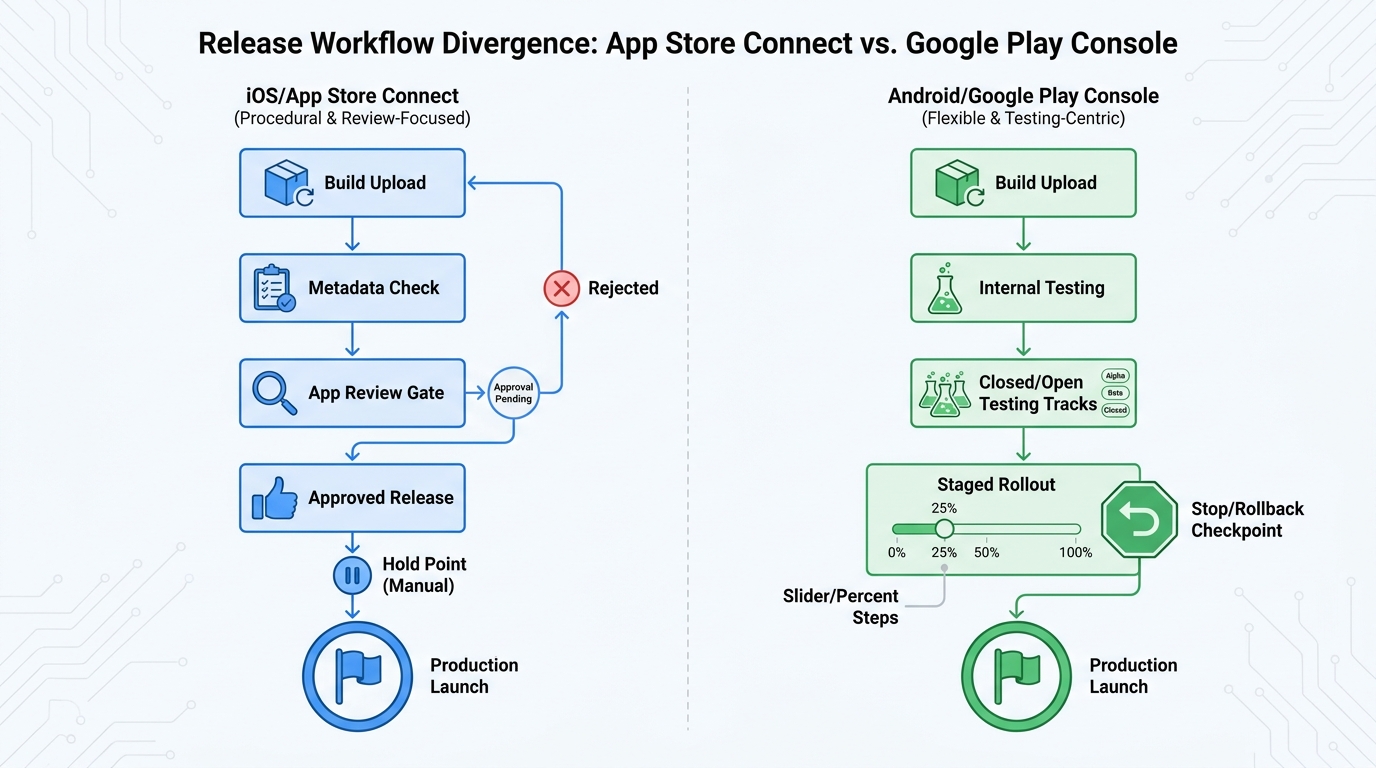 Process diagram comparing App Store Connect submission and Google Play Console rollout steps. Process diagram comparing App Store Connect submission and Google Play Console rollout steps.