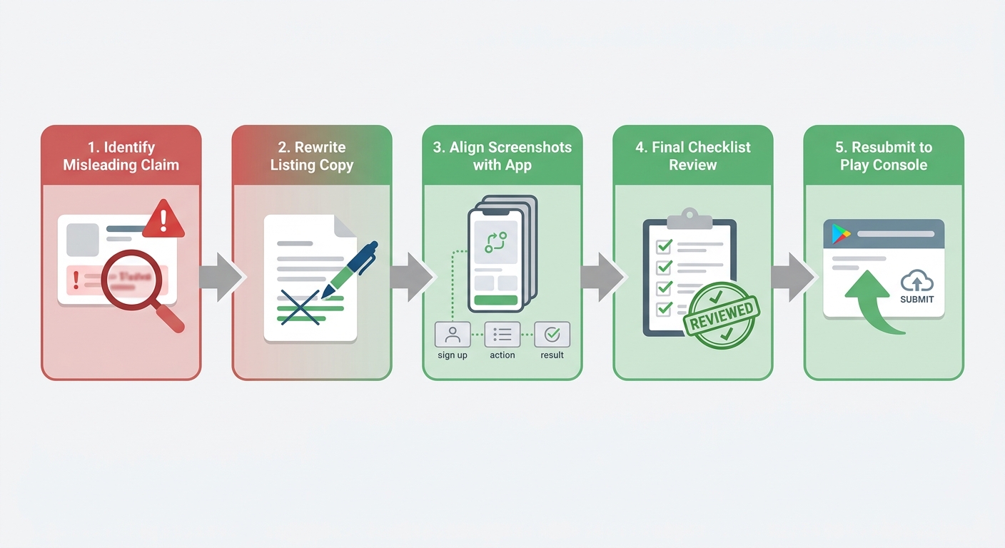 Workflow for fixing a Google Play misleading-claims rejection from audit to resubmission.