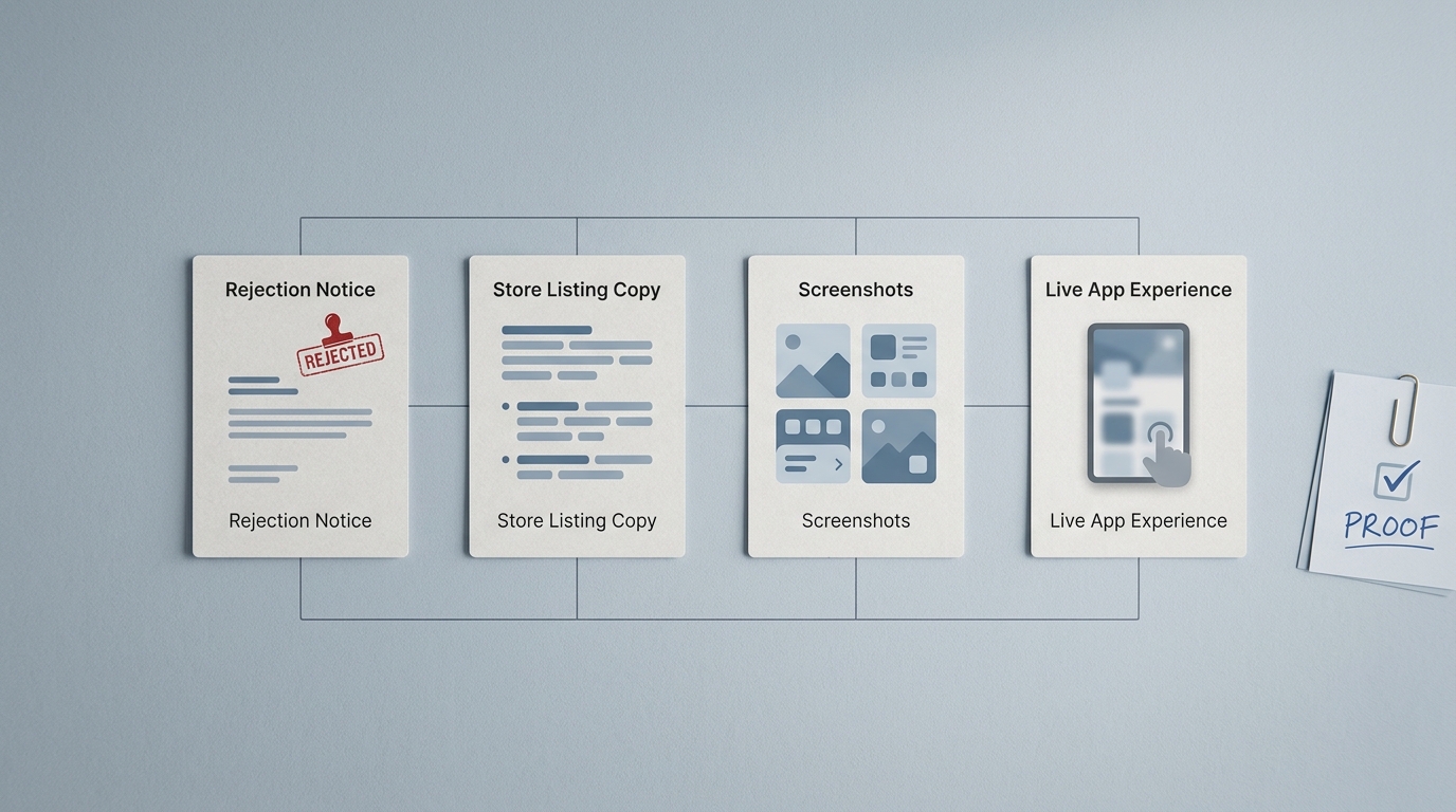 Evidence stack for diagnosing a Google Play rejection: rejection message, store listing, screenshots, and app behavior.