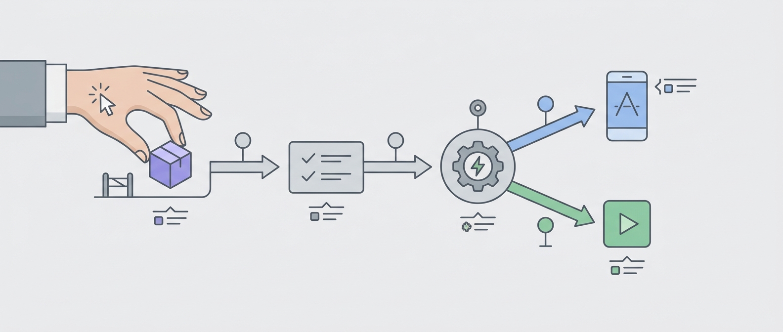 Workflow diagram for publishing one app release to App Store and Google Play using an app publishing tool.