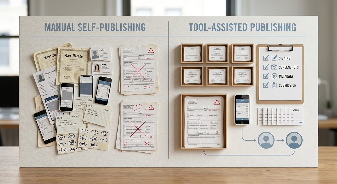 Comparison of manual app publishing steps versus automated app publishing tool workflow for App Store and Google Play.