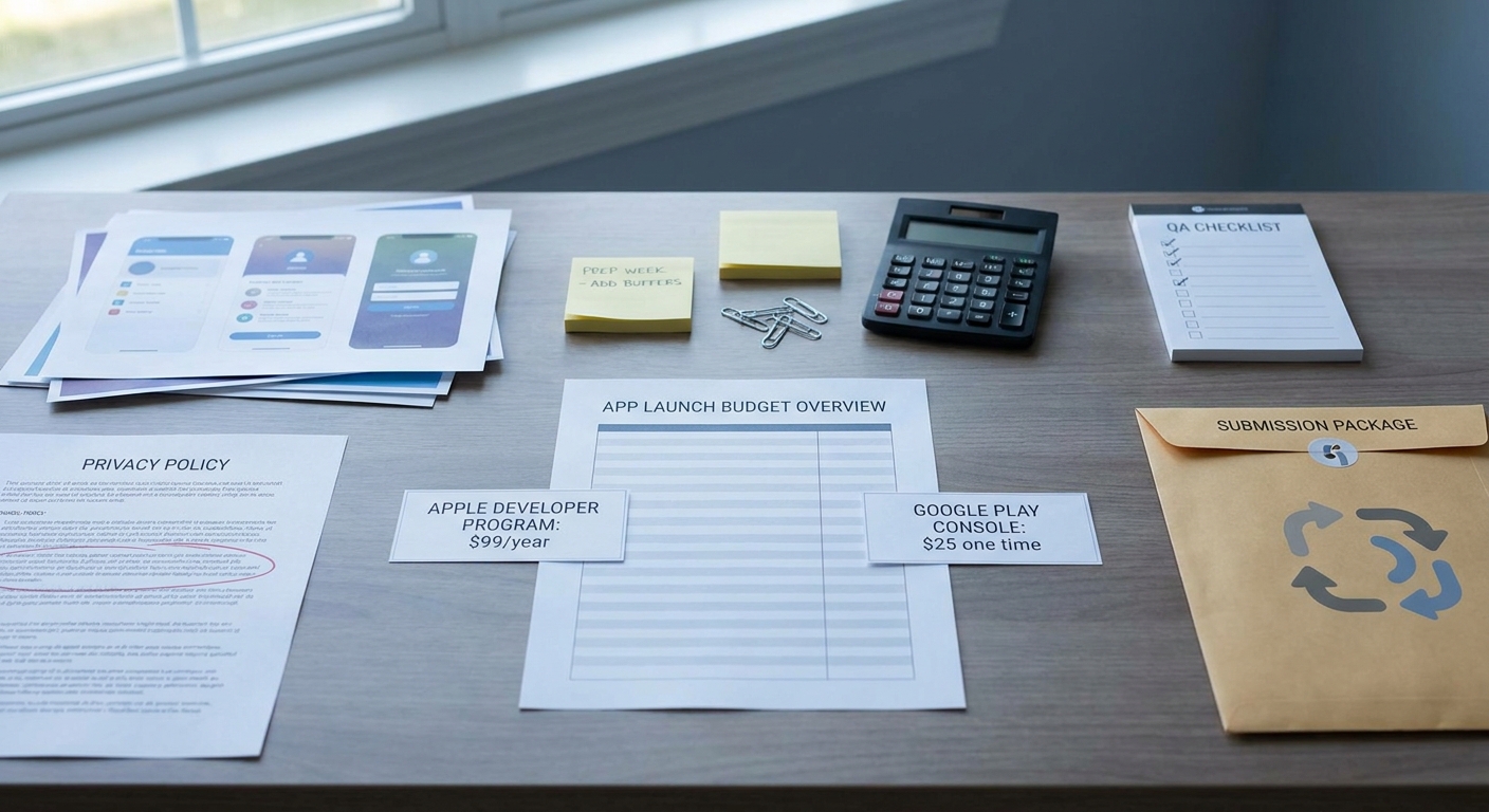 Budget callout showing App Store and Google Play publishing fees plus hidden launch readiness costs. Budget callout showing App Store and Google Play publishing fees plus hidden launch readiness costs.