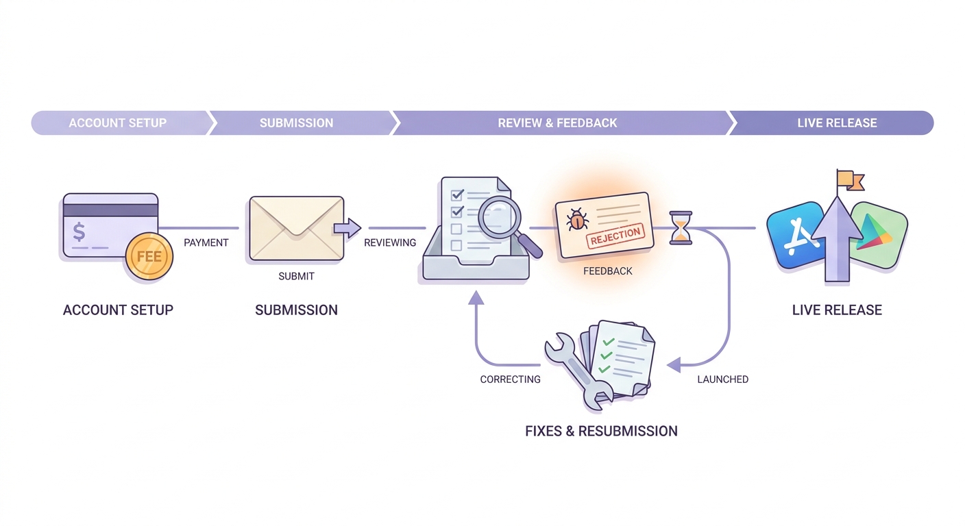 Timeline of app publishing steps from account setup to review, rejection fixes, and launch on App Store and Google Play. Timeline of app publishing steps from account setup to review, rejection fixes, and launch on App Store and Google Play.