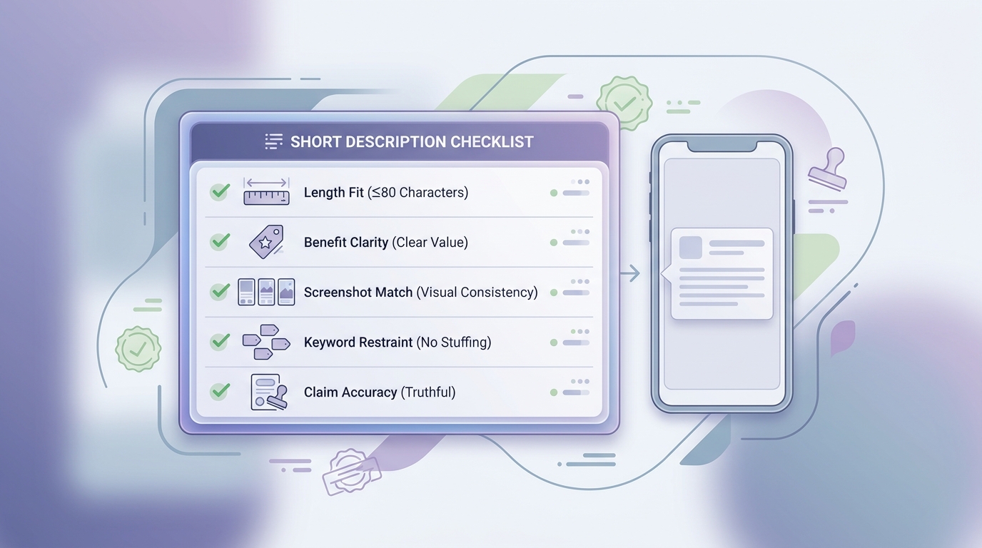 Checklist for reviewing a Google Play short description before publishing. Checklist for reviewing a Google Play short description before publishing.