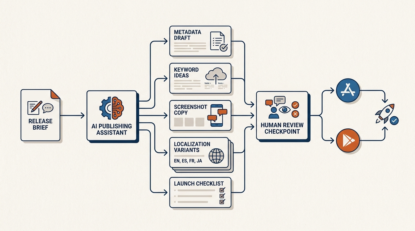 Workflow diagram of AI-assisted app publishing from release brief to store listing and launch checklist outputs. Workflow diagram of AI-assisted app publishing from release brief to store listing and launch checklist outputs.