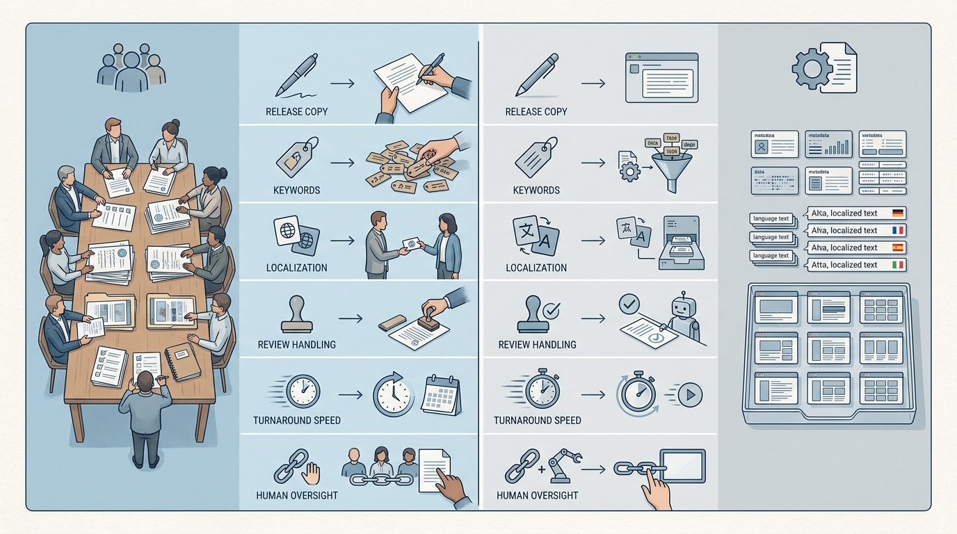 Comparison table of an app publishing agency and an AI publishing assistant across key publishing tasks and operating tradeoffs. Comparison table of an app publishing agency and an AI publishing assistant across key publishing tasks and operating tradeoffs.