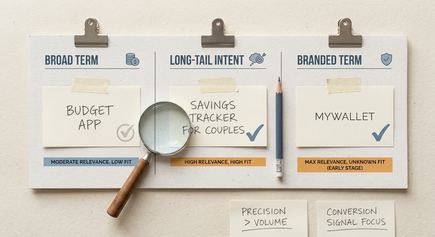 Comparison of broad, long-tail, and branded App Store keywords with relevance and fit notes for founders.
