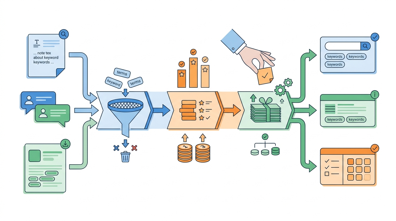 Workflow from seed terms to filtered and prioritized App Store keywords for a founder.