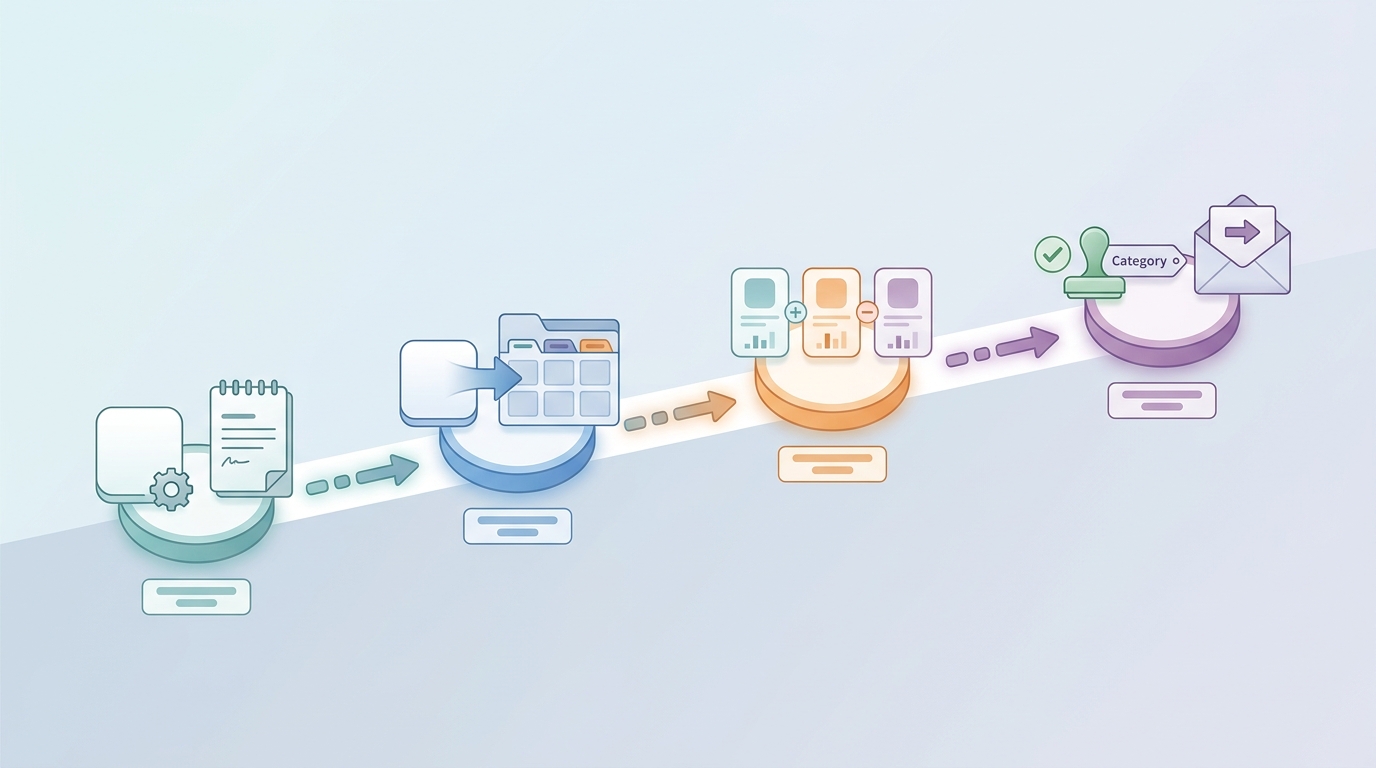 Four-step process diagram for choosing an app store category by defining the app, mapping categories, reviewing competitors, and finalizing the choice. Four-step process diagram for choosing an app store category by defining the app, mapping categories, reviewing competitors, and finalizing the choice.