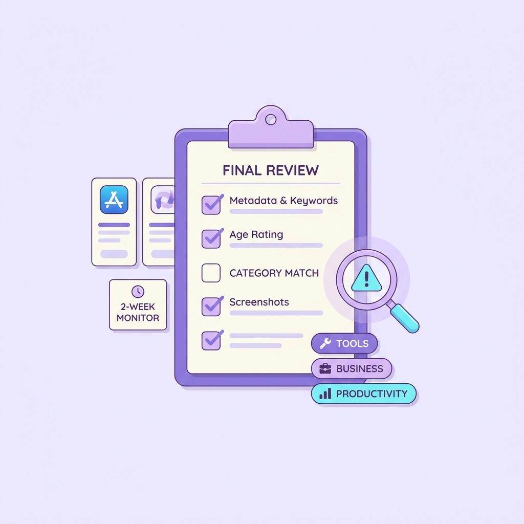 Clean violet editorial illustration of a final pre-launch checklist laid out on a clipboard and floating cards, with checkmarks, a category tag, a warning triangle, and a subtle cyan accent on a magnifier over one item; soft lavender shapes and thin dashboard-style lines on a light background. Clean violet editorial illustration of a final pre-launch checklist laid out on a clipboard and floating cards, with checkmarks, a category tag, a warning triangle, and a subtle cyan accent on a magnifier over one item; soft lavender shapes and thin dashboard-style lines on a light background.