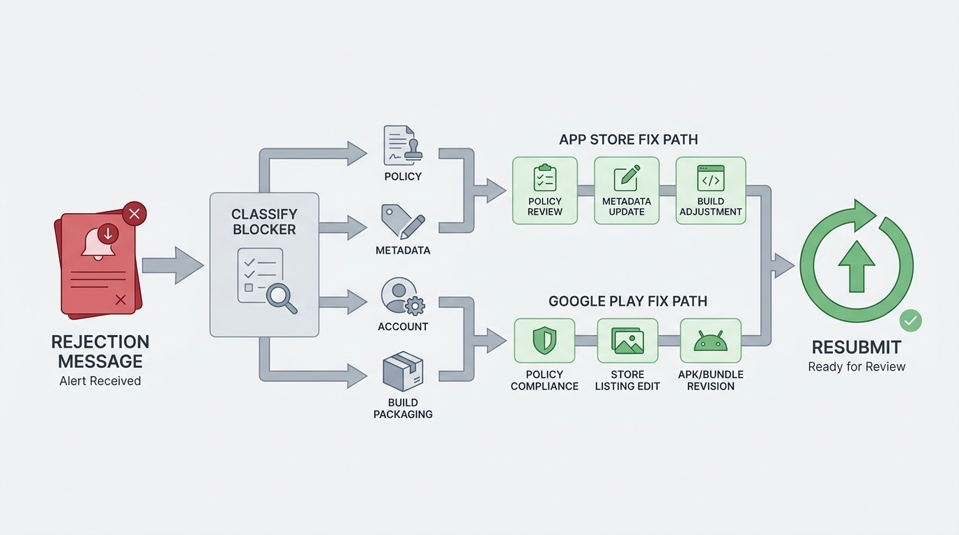 Process diagram showing how to triage a publishing rejection by classifying the blocker and resubmitting after the fix. Process diagram showing how to triage a publishing rejection by classifying the blocker and resubmitting after the fix.