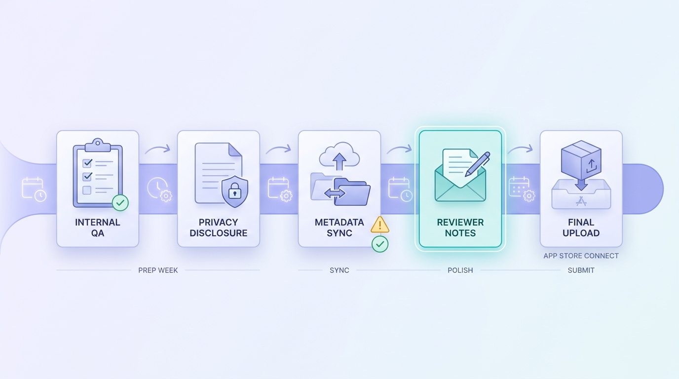 Timeline of steps to prepare an app for Apple review before submission.