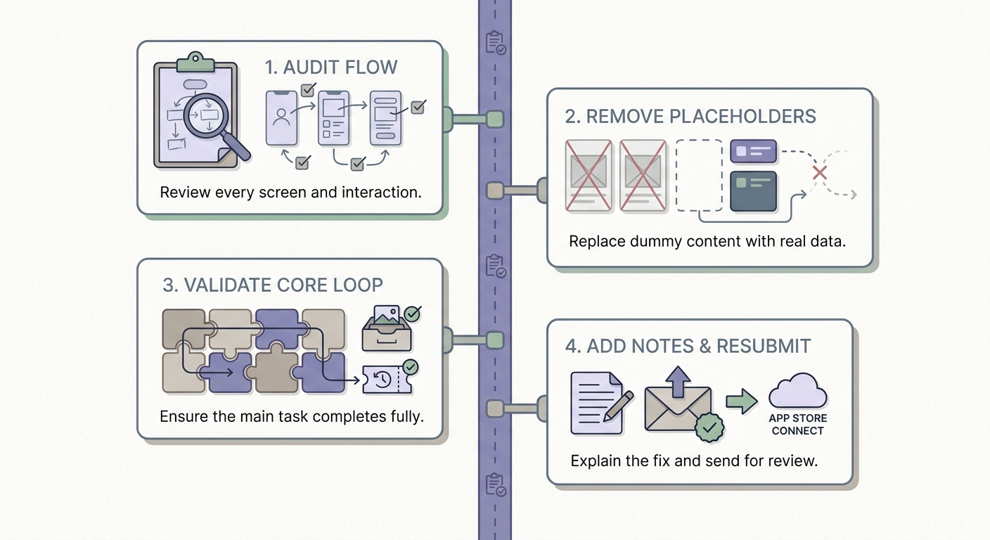 A timeline showing the steps to fix an App Store minimum functionality rejection before resubmitting. A timeline showing the steps to fix an App Store minimum functionality rejection before resubmitting.