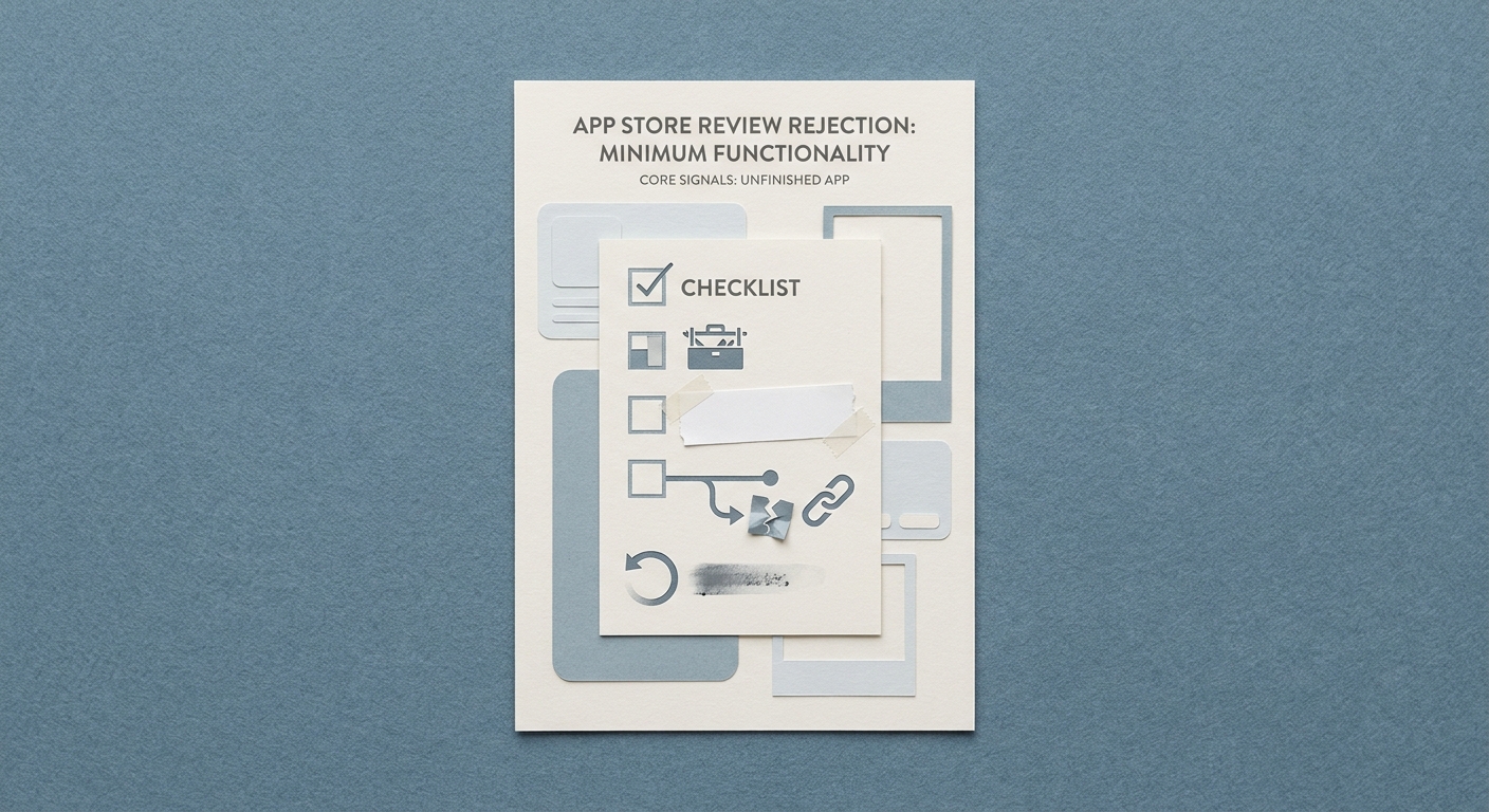 A proof card showing common App Store minimum functionality rejection signals such as placeholder content and thin feature set. A proof card showing common App Store minimum functionality rejection signals such as placeholder content and thin feature set.