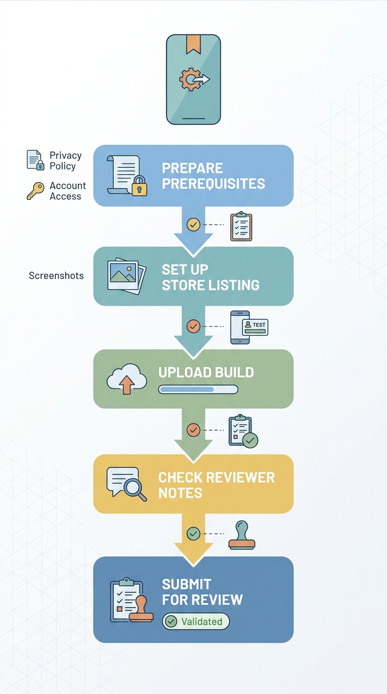 Workflow diagram of the first mobile app publishing process from preparation to submission and review. Workflow diagram of the first mobile app publishing process from preparation to submission and review.
