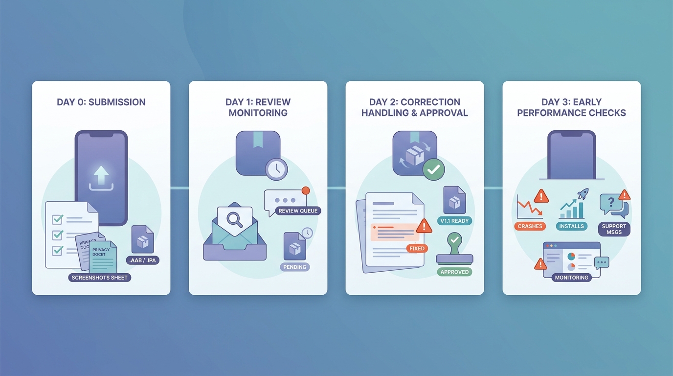 Timeline of the first 72 hours after publishing a mobile app, from submission to early monitoring. Timeline of the first 72 hours after publishing a mobile app, from submission to early monitoring.