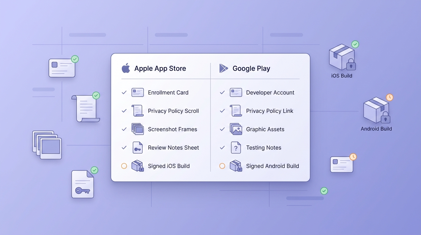 Checklist showing App Store and Google Play publishing requirements for a first app launch. Checklist showing App Store and Google Play publishing requirements for a first app launch.