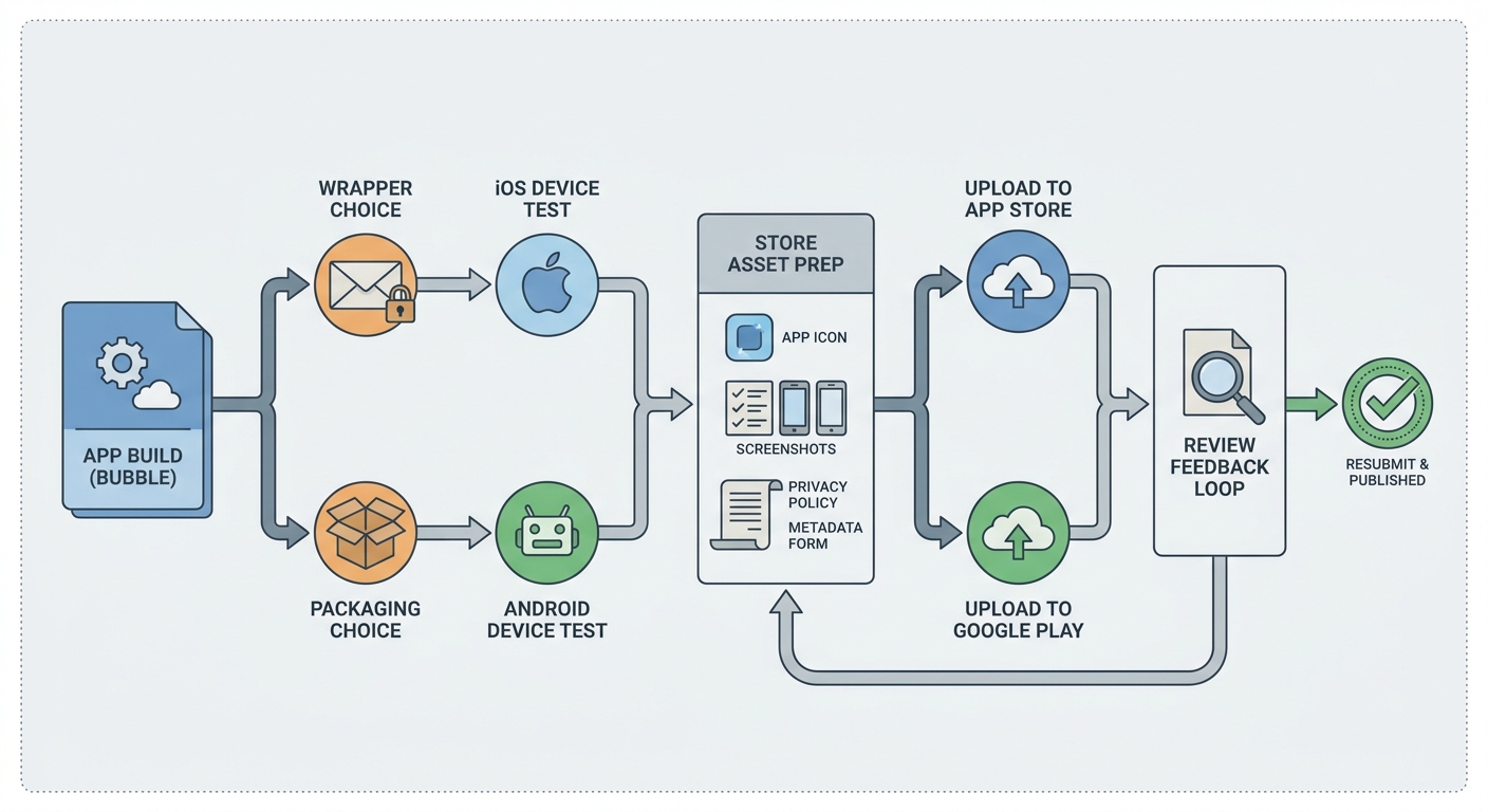 Process diagram of the publishing workflow for a Bubble-built mobile app from build prep to App Store and Google Play submission.