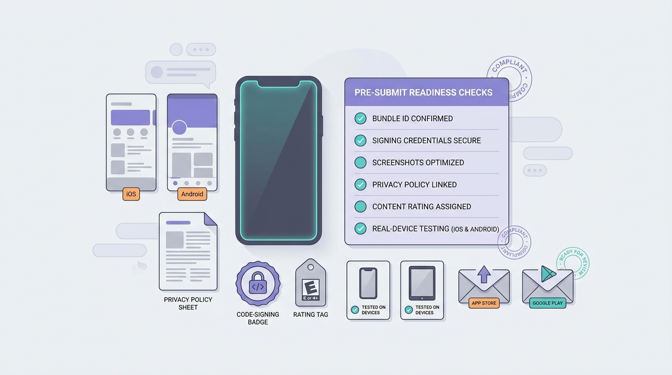 Checklist for final submission readiness before publishing a Bubble mobile app to App Store and Google Play.