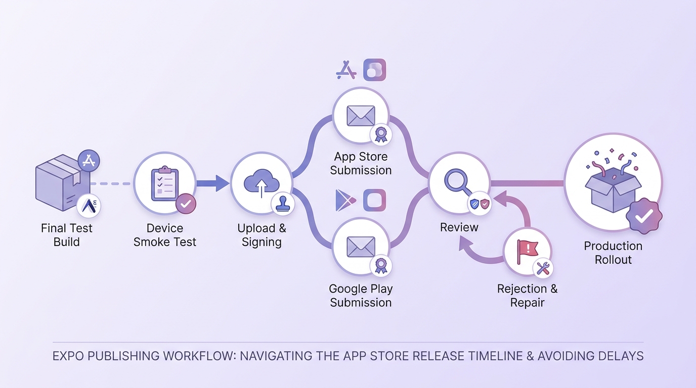 Timeline for testing, submitting, reviewing, and launching an Expo app on both app stores.