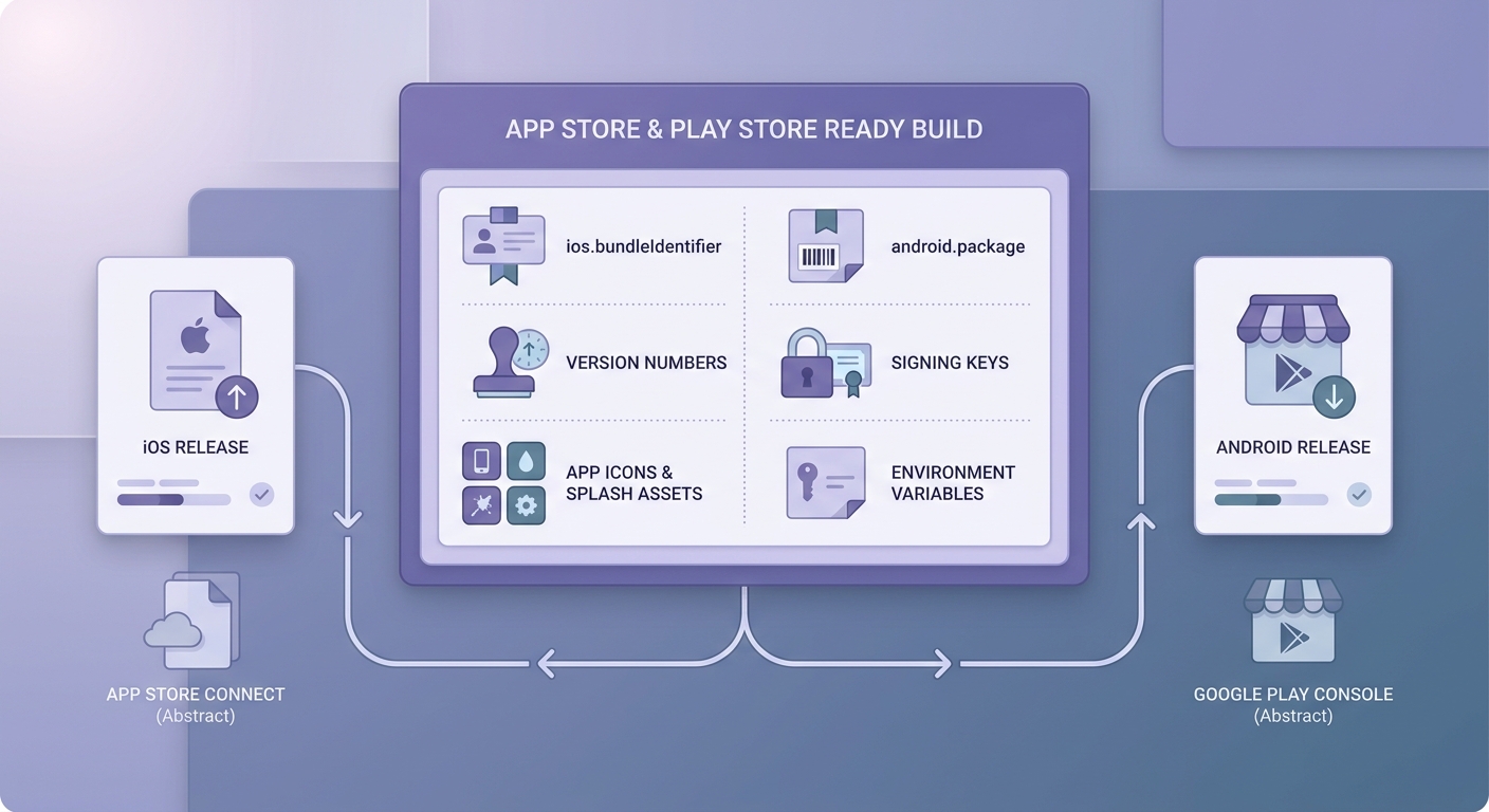 Checklist of Expo publishing prerequisites before building for App Store and Google Play.