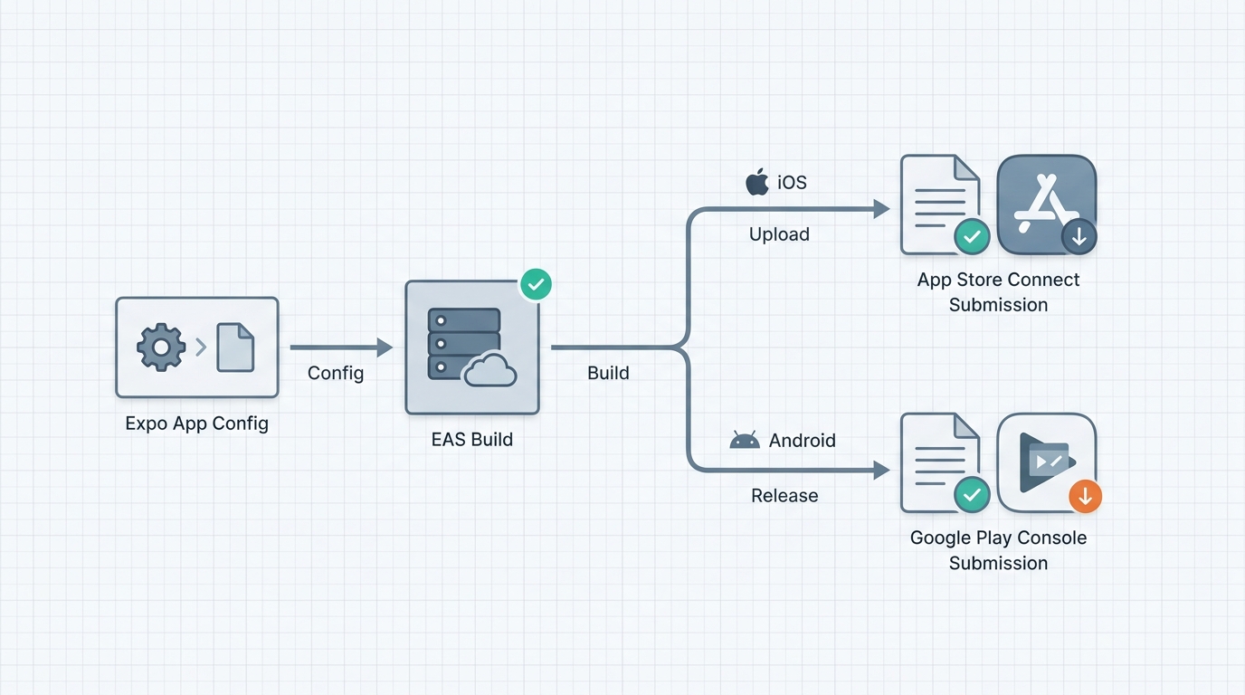 Workflow diagram of publishing an Expo app to App Store and Google Play through EAS Build and store consoles.