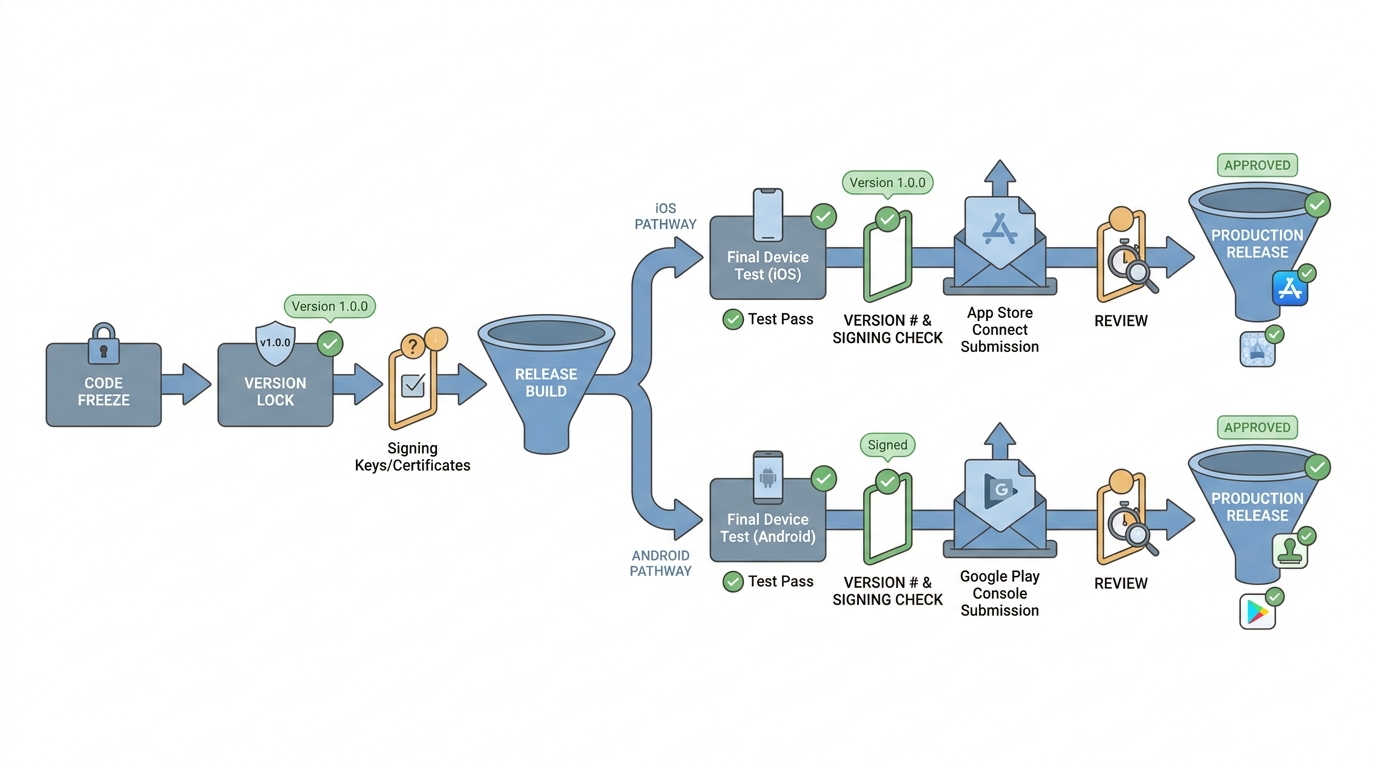 Process diagram showing React Native release preparation, build creation, and store submission checkpoints.