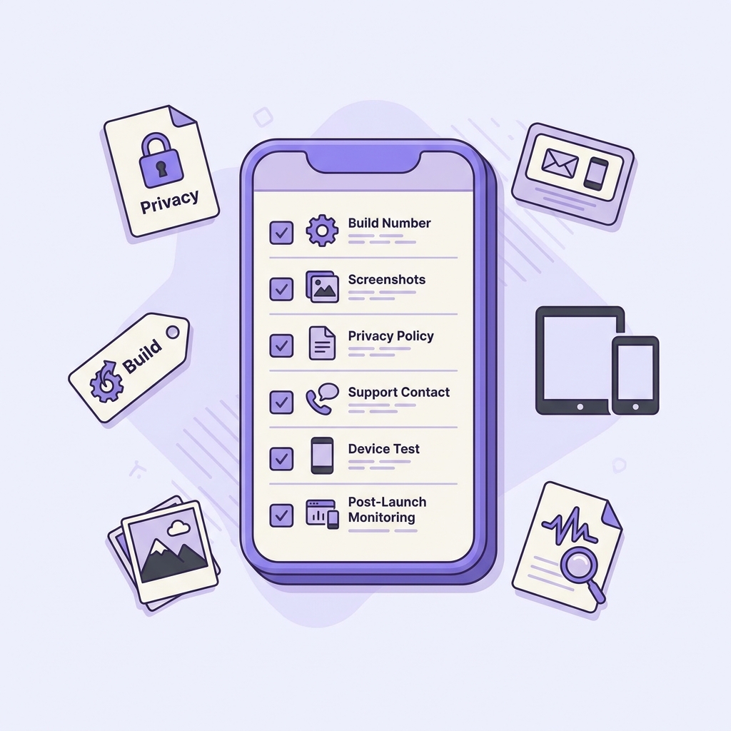 Final launch checklist for a React Native app before submission to App Store and Google Play.