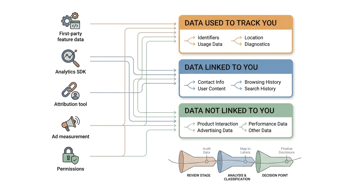 Process diagram showing app data sources flowing into App Store privacy label categories like linked data, tracking, and shared data.